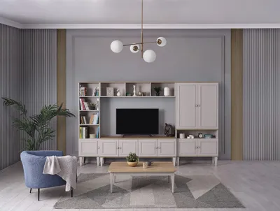 Produktbild von Wohnwand Wohnzimmerwand TV Ständer Holz RTV Lowboard Grau Regale Set