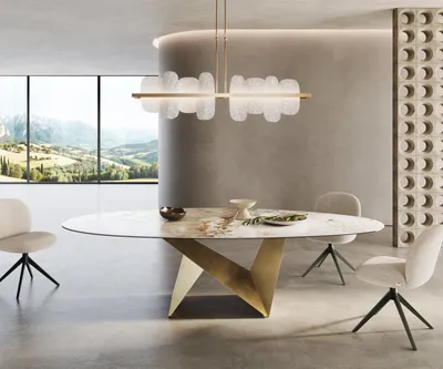 Produktbild von DELIFE Esstisch Edge Oval 280x130 Keramik Minas Melange Weiß-Beige Origami Metallic Gold