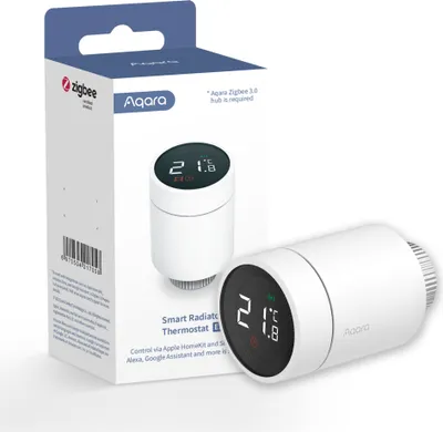 Produktbild von Aqara Intelligenter Heizkörperthermostat E1, Zigbee 3.0, Matter (Aqara Hub erforderlich), Ø 57 mm, H 89 mm, Schwarz/Weiß, mit Zeitplänen & Fensteröffnungserkennung