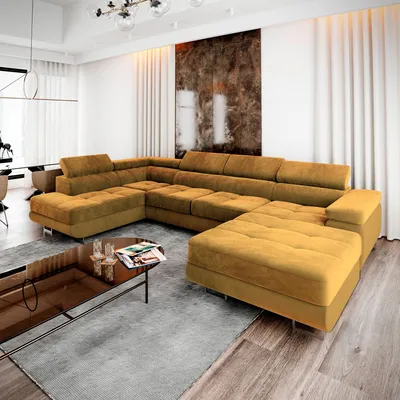 Produktbild von Masseno Ecksofa CASONE L-S mit Schlaffunktion U-Form, Sofa mit Bettkasten, Wohnzimmersofa, Couch, Soffa, Bettsofa, Couchgarnitur- Gelb, MONOLITH 48