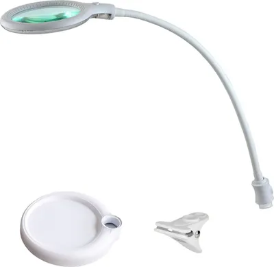 A white LED magnifying lamp with a flexible gooseneck arm and a clip base, shown with a separate circular base and a clip accessory.