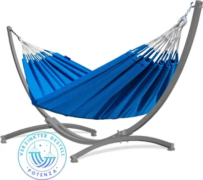 Produktbild von Potenza Outdoor Hängematte mit Verzinkter Gestell für 2 Personen I 100% Baumwolle Merida Doppelhängematte XXL 220x160, 220kg I Merida Hängemattengestell 220kg, wetterfest