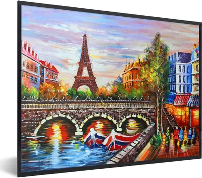 Produktbild von MuchoWow® Gerahmtes Poster Gemälde - Öl - Eiffelturm - Paris - Wasser 40x30 cm - Poster mit Schwarzem Bilderrahmen Wandposter Rahmen Foto Bilder - Kunstposter - Wanddekorationen