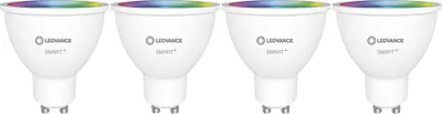 Immagine prodotto di 4 lampade LED Smart+ Reflektor PAR16 di Ledvance, 5W (equivalenti a 40W), attacco GU10, 350 lumen, RGBW, temperatura di colore regolabile da 2700K a 6500K, dimmerabili, controllo tramite app, Bluetooth, compatibili con Google