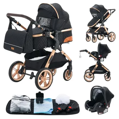 Obrázok produktu pre Kombinovaný kočík 3 v 1 - Model V9 - Skladací - Kompatibilný s autosedačkami - Vhodný pre novorodencov - 0–3 roky - Vyššia verzia - Čierna farba