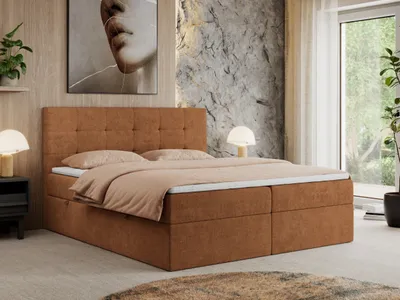 Produktbild von MKS MEBLE Boxspringbett 180x200 mit Bettkasten und Matratze H3, Polsterbett 180x200 mit Bettkasten, Bett 180x200 mit Stauraum und Topper - Centos - Orange Struktur