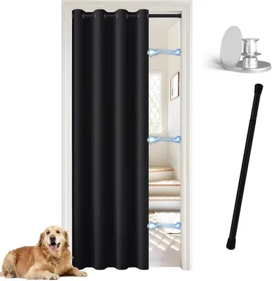 Immagine prodotto di Tenda per porta, 195x132 cm, nera, con asta regolabile da 70 a 125 cm, oscurante, ideale per porte di accesso