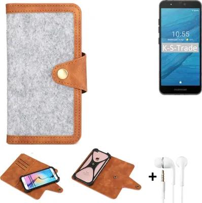 Produktbild von K-S-Trade Handyhülle + Kopfhörer kompatibel mit Fairphone Fairphone 3 Schutzhülle Filz Hülle Kunstleder hellgrau braun (1x)