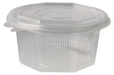 A clear plastic food container with a lid.