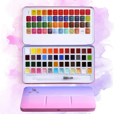 Productafbeelding van Aquarelverfset 48 heldere kleuren met 12 effen metallic glitter in doos en aquarelpenseel, perfect als artistiek cadeau