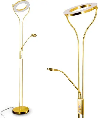 Productafbeelding van LED-vloerlamp Donna, dimbare vloerlamp van metaal in messingkleur, met verstelbare leesarm, 2070 lumen, lichtkleur 3000 Kelvin (warmwit), geschikt voor woonkamer, hal, eetkamer en slaapkamer