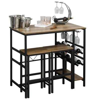 Produktbild von Bartisch-Set, Stehtisch mit 2 Barhockern, 3-teiliges Tischset Küchentresen mit Flaschenhalterung 108 x 60x 95H cm