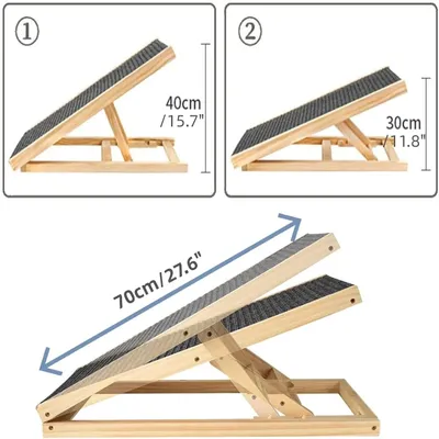 Image de Rampes en bois pour animaux de compagnie - Rampe pour chiens de 70 cm - Hauteur réglable - Revêtement en tapis antidérapant - Pliable et transportable, idéale pour la voiture, le canapé, le lit - Supporte jusqu'à 80 kg