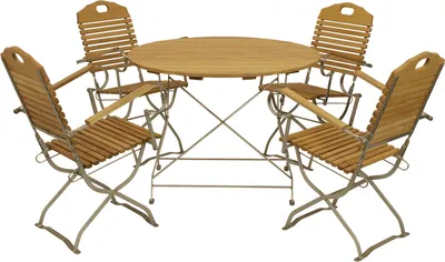 Produktbild von DEGAMO Gartenset Sitzgruppe Gartengarnitur im Kurgartendesign BAD TÖLZ 5-teilig mit Tisch rund, Flachstahl verzinkt + Holz Robinie, klappbar