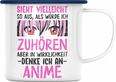 Produktbild von Trendation -  Anime Emaille Tasse Geschenk Spruch Emaille Emaille Tasse Geschenke Deko Anme Fan Sieht So Aus Als Würde Ich Dir Zuhören (Blau)