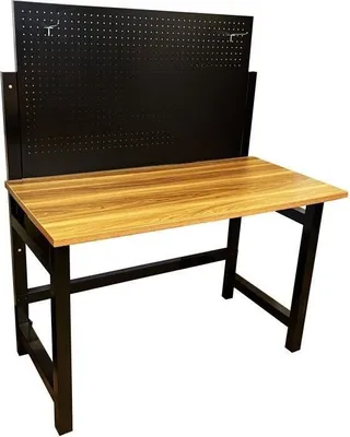 Produktbild von Werkbank, Klappbar, Stahl und Holz, 50 kg Traglast, MDF-Platte, Inklusive Werkzeugwand mit 10 Haken
