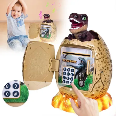 Productafbeelding van Digitale spaarbox, kluis, geldautomaat met code. Kinderspaarvarken met cijferslot. Kinderveiligheidsbox in dinosaurusdesign, elektrisch spaarvarken