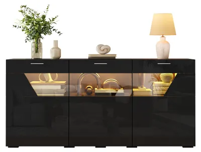 Produktbild von Moonbite Sideboard mit 3 Türen und Glas-Sichtfenster, Hochglanz Anrichte 160 cm, Wohnzimmerschrank Aufbewahrungsschrank, Spanplatte, Schwarz