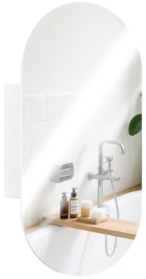 Produktbild von Moderner ovaler Badezimmerspiegel mit Schrank und zwei Ablagen, 45 x 90 cm, Wei?