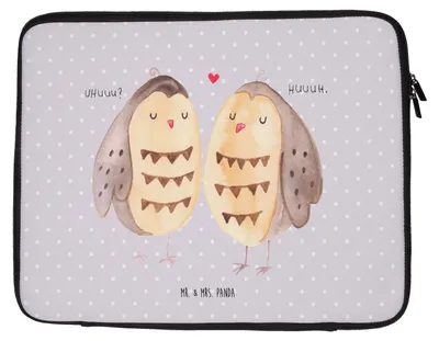 Produktbild von Mr. & Mrs. Panda Hülle Laptop Eulen Liebe 20 x 28 cm - Grau Pastell - Geschenk, Owl, Laptoptasche, Notebook, Eule, Deko, Schutzhülle, Computertasche, Tasche, Paar