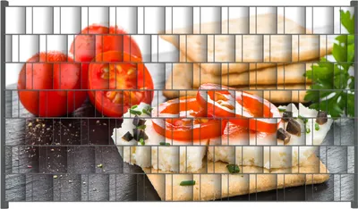 Produktbild von Wallario Zaunsichtschutz mit Motiv Frisches Knäckebrot mit Tomaten und Käse für Ein- und Doppelstabmatten Zäune in der Größe 250 x 140 cm