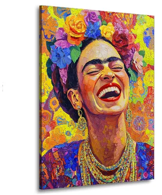 Produktbild von Frida im Porträt mit Blumen und Lächeln abstrakt Pop Art Stil Leinwandbild Wanddeko: 30x40x2cm