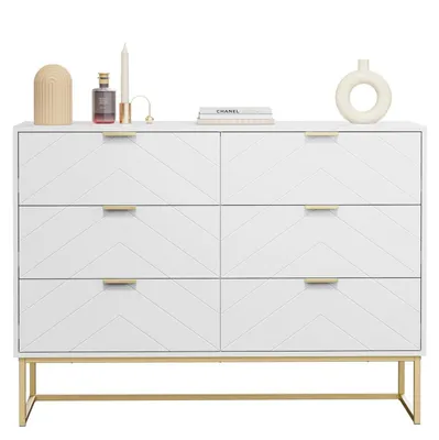 Productafbeelding van Commode met 6 lades, afmetingen 100x34x73,5 cm, wit, met een houten corpus en metalen poten
