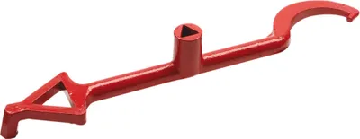 A red hydrant wrench is shown against a white background.