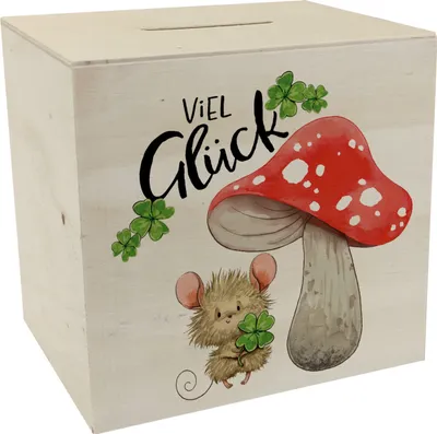 Produktbild von Maus mit Fliegenpilz Spardose aus Holz mit Spruch Viel Glück