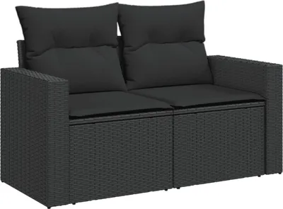 Image de vidaXL Canapé de jardin avec coussins 2 places noir poly rotin