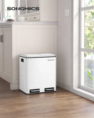Produktbild von SONGMICS Mülleimer Küche, 2 x 15 L, Mülltrennsystem, Abfalleimer aus Metall, Treteimer mit Inneneimern und Griffen, Mülltrennung, Softclose, luftdicht, weiß LTB30WT