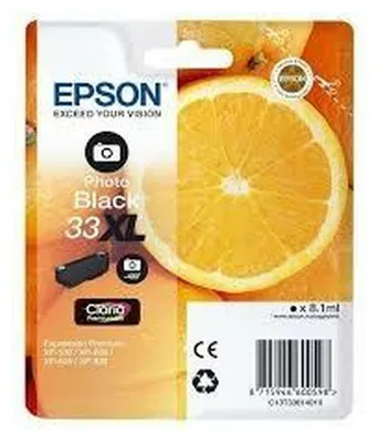 The image shows the packaging of an Epson ink cartridge with an orange slice graphic.
