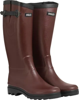 A pair of brown Aigle rubber boots on a white background.