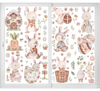 Productafbeelding van Raamstickers, 12 stuks, konijnen, eieren, bloemen, feestaccessoires, Pasen