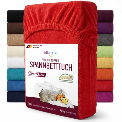 Produktbild von EllaTex FROTTEE TOPPER Spannbettlaken 200x200 – 200x220 Baumwolle – weich & warm, Spannbetttuch für Topper bis 12 cm, in Farbe: Rot