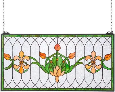 Zdjęcie produktu dla Panel dekoracyjny ze szkła, 81,3 x 43,2 cm, wiszący element dekoracyjny inspirowany stylem Tiffany, prostokątny kształt, klasyczna, ręcznie wykonana dekoracja do kuchni i salonu