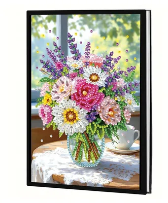 Zdjęcie produktu dla Notesik "Kwiat" format A5 (145x210 mm), różowy, do malarstwa diamentowego, bez linii, idealny jako notes lub dziennik, do tworzenia grafik w technice "crystal art"