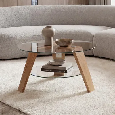 Produktbild von MCA Couchtisch HWC-P59, Beistelltisch Kaffeetisch Wohnzimmertisch, Massiv-Holz Glas rund Ø 75cm, Eiche