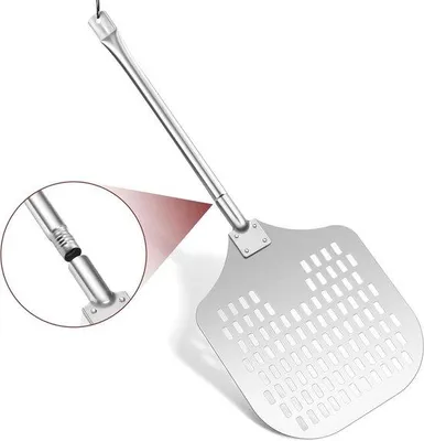 Obrázok produktu pre Kovová lopata na pizzu s perforovanou doskou a pevnou rukoväťou – 30,5 x 42,3 x 83 cm – ideálna na pečenie čerstvých pizz.