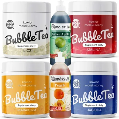 Produktbild von Popping Boba Molecula Bubble Tea Set 4x Fruchtperlen, Litschi, Himbeere, Passionfrucht und Blaubeere 2x Sirup Apfel und Pfirsich Becher, Strohhalme Popping Boba