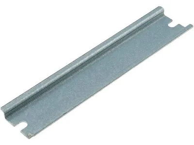 A metal mounting rail on a white background.