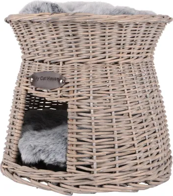 Produktbild von UNUS® Katzenkorb, Katzenkörbchen, Katzenturm aus Rattan Grau mit weichem Kissen