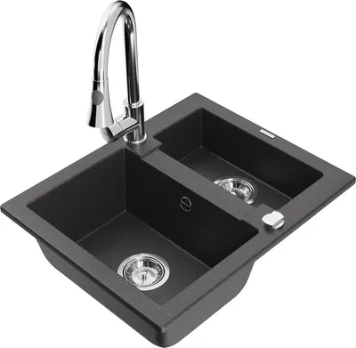 Produktbild von Mexen Carlos 1,5-Becken-Granitspüle mit Mischbatterie Elia, Schwarz gesprenkelt - 6518-76-670101-00