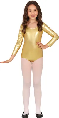 Produktbild von Sportlicher Karneval Glanz Body Gold Langarm Kostüm Kinder Flexibel Tanz, Größe: 5 - 8 Jahre Farbe: Gold