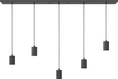 A five-light pendant light fixture with a black metal bar and five black cylindrical pendant lights hanging from thin wires.