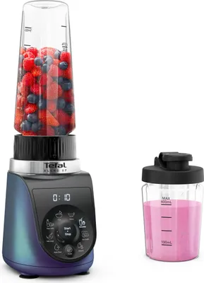 A Tefal Blend Up mini-mixer with a blending cup filled with berries and a separate cup with a pink smoothie.