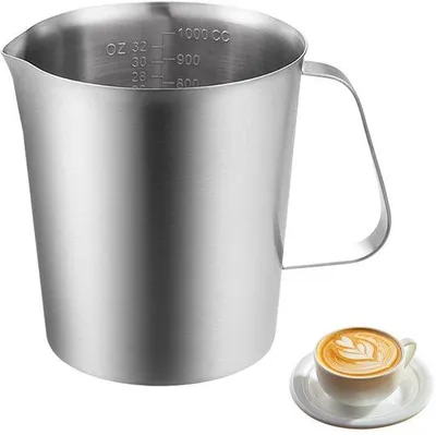 Produktbild von Messbecher 1000 ml - Milchkanne - Barista-Milchaufschäumkanne - Edelstahl - Mit Griff - Geeignet für Cappuccino/Latte