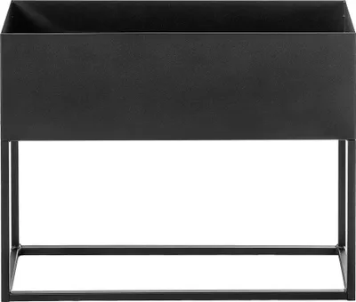 A black metal planter stand with a rectangular planter box on top, shown against a white background.