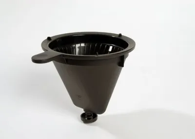 A black coffee filter cone with a spring mechanism on the bottom, photographed against a white background.