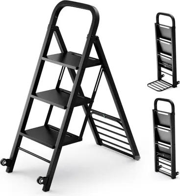 Immagine prodotto di 2 in 1 Carrello per sacchi e scaletta Carrello pieghevole a 2 ruote per trasporto in metallo Nero